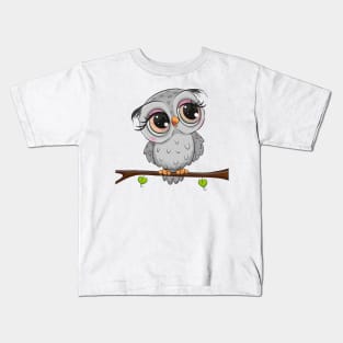 Cute grey owl sitting on a branch Kids T-Shirt